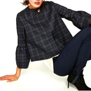 Zara Blogger Favorite Blue Gray Plaid Statement Sleeve Blazer, Women’s Small